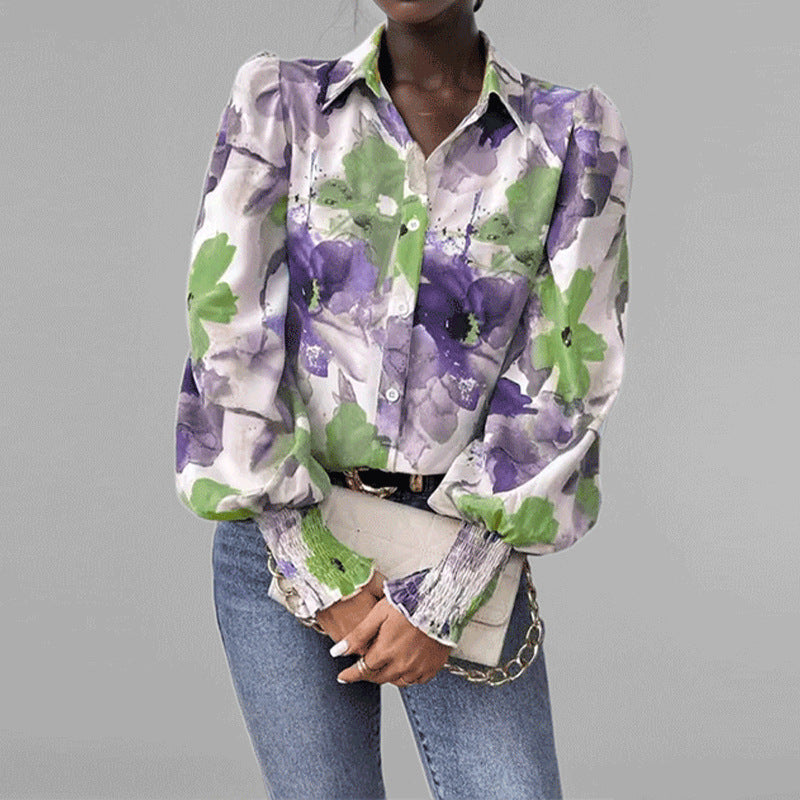Chemise femme – Coupe oversize – Manches bouffantes – Imprimé fleuri – Poignets smockés