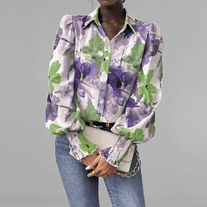 Chemise femme – Coupe oversize – Manches bouffantes – Imprimé fleuri – Poignets smockés