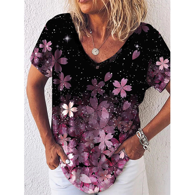 Women's V-neck T-shirt – Classic fit – Floral print – Short sleeves – Breathable fabric
