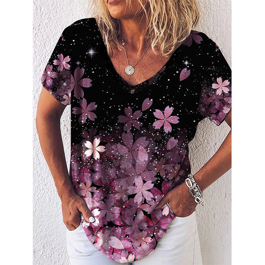 Women's V-neck T-shirt – Classic fit – Floral print – Short sleeves – Breathable fabric