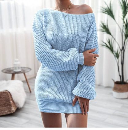Women's sweater dress – Soft knit – Bare shoulders – Puffy sleeves – Loose fit