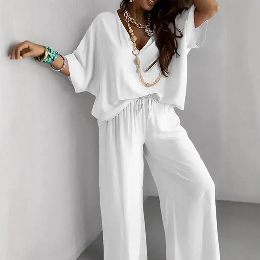 Women's Set Wide-Leg Pants and V-Neck Top – Loose Fit – Soft Breathable Fabric