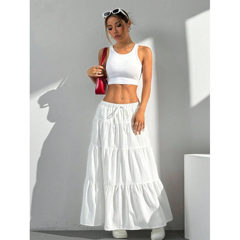 Jupe Longue Femme – Coupe Évasée – Tissu Respirant – Taille Cordon – Effet Volanté