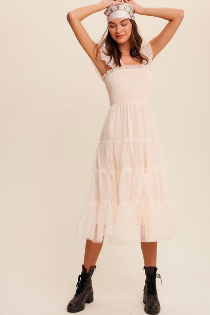 Robe midi femme – Haut smocké ajusté – Jupe en tulle à volants – Bretelles à volants
