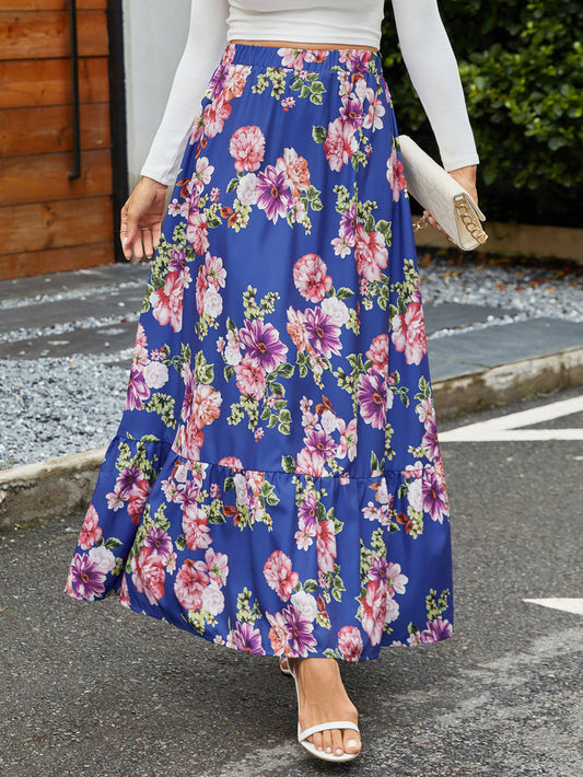 Long women's skirt – Flowing cut – Elastic waist – Floral print – Ruffled hem