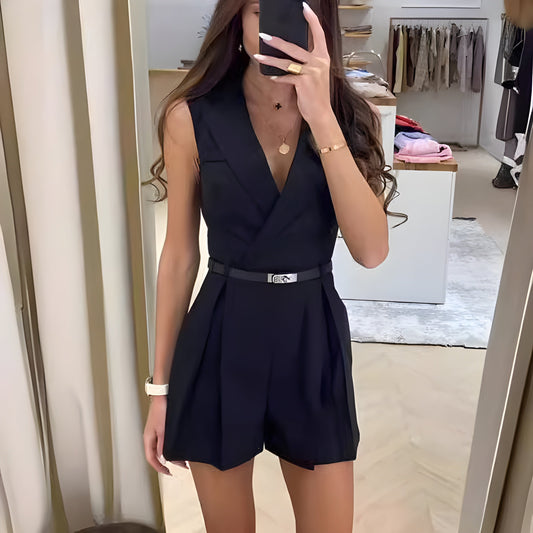 Women's jumpsuit – Sleeveless – Deep V-neck – Fitted cut – Belted waist