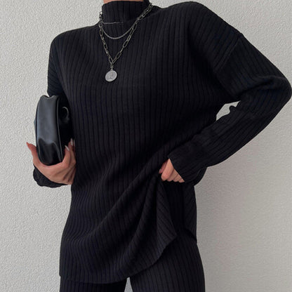 Ensemble Femme – Maille Côtelée – Coupe Ample – Col Montant – Pantalon Large