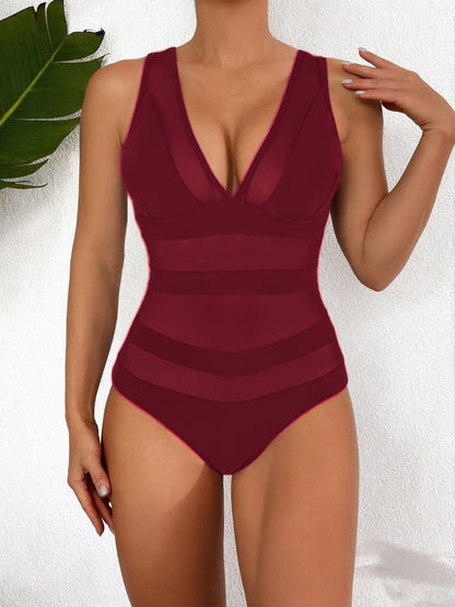 Women's one-piece swimsuit – Plunging neckline – Mesh insert – Fitted cut