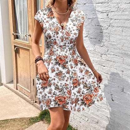 Women's flared dress – V-neck – Ruffled sleeves – Smocked waist – Lightweight fabric
