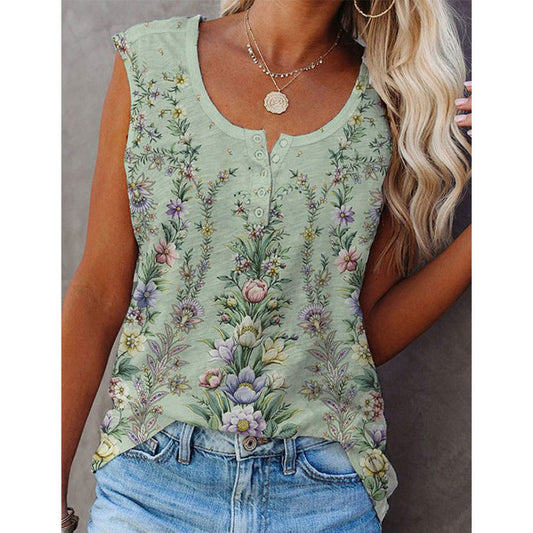 Women's sleeveless top – Relaxed fit – Natural fibers – Floral print – Front button closure