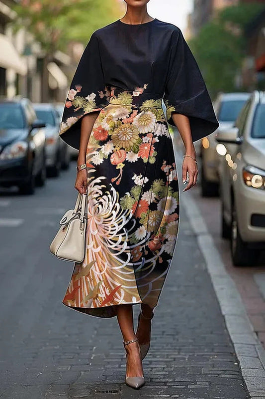 Robe midi femme – Tissu luxueux – Coupe évasée – Manches kimono – Imprimé floral
