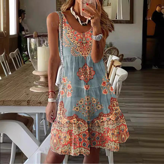 Robe femme sans manches – Coupe fluide – Col rond – Motifs ornementaux – Longueur genou