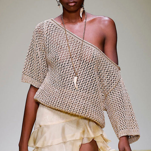 Pull femme – Maille ajourée – Épaules dénudées – Coupe ample – Tissu respirant