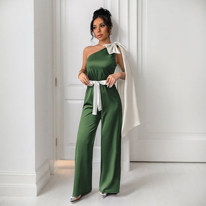 Women's jumpsuit – Fitted cut – Fluid satin – Off-the-shoulder with elegant bow
