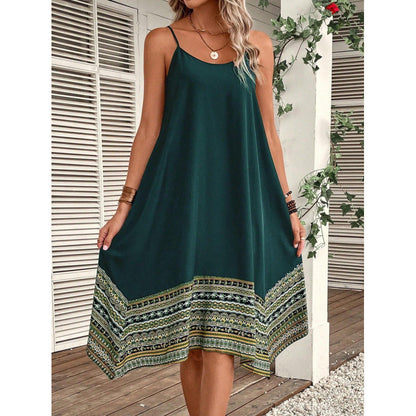 Robe femme – Coupe évasée fluide – Tissu coton – Bretelles fines – Détail bohème