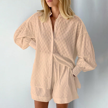 Women's Set Blouse and Shorts – Loose Fit – Textured Fabric – Puff Sleeves