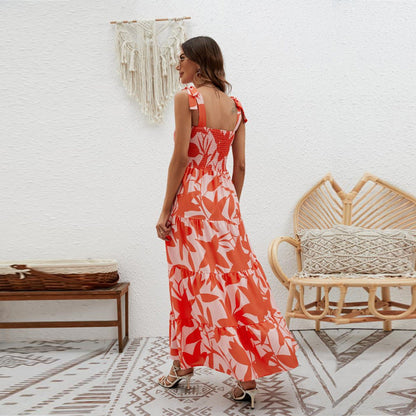 Robe longue femme – Bretelles à nouer – Buste smocké – Jupe volantée – Fibres naturelles