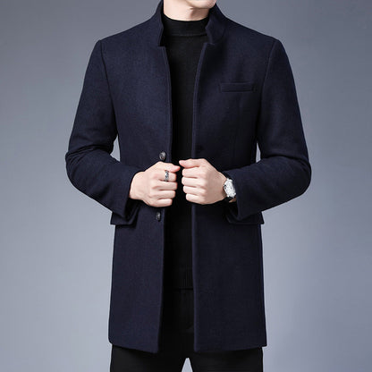Mid-length men's coat – Slim fit – Wool effect – Stand collar – Dressy style