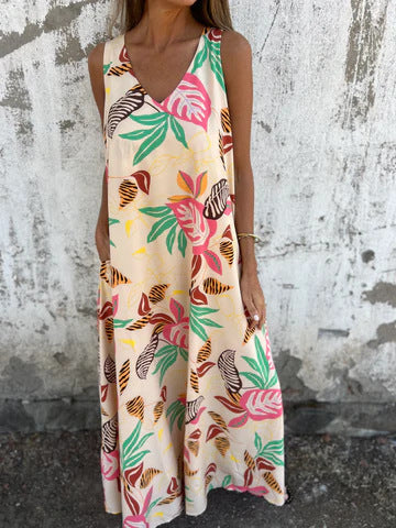 Women's long dress – Sleeveless – Flared cut – Breathable fabric – Tropical print