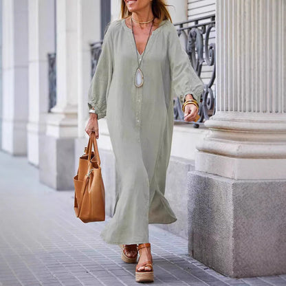 Women's long dress – Loose fit – Breathable fabric – Long sleeves – V-neck