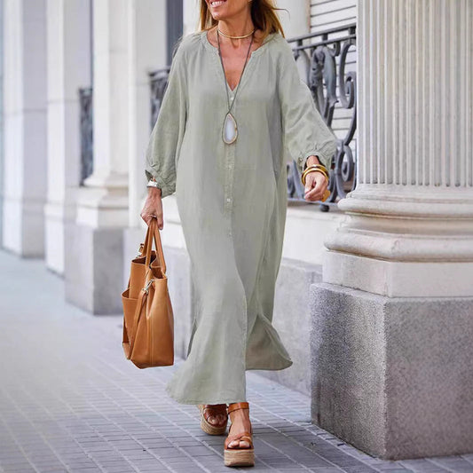 Women's long dress – Loose fit – Breathable fabric – Long sleeves – V-neck