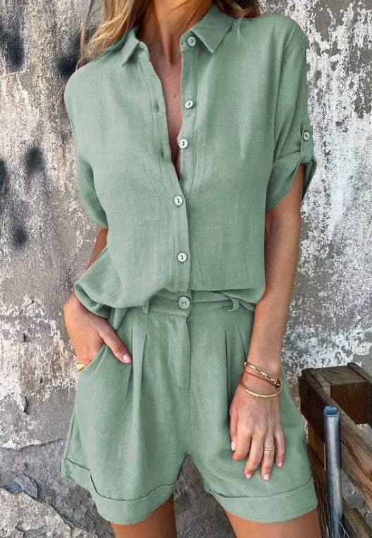 Jumpsuit for women – Relaxed fit – Breathable linen – Drawstring waist – Short sleeves