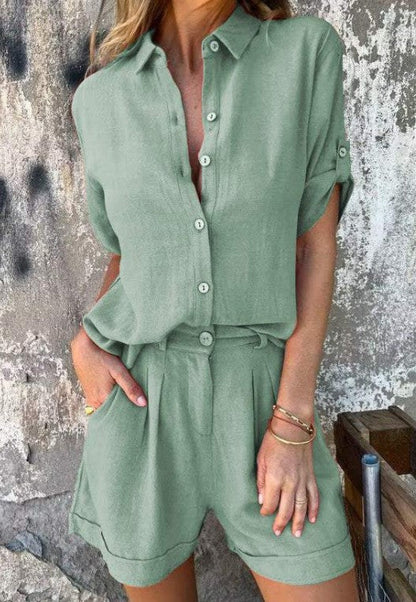 Jumpsuit for women – Relaxed fit – Breathable linen – Drawstring waist – Short sleeves