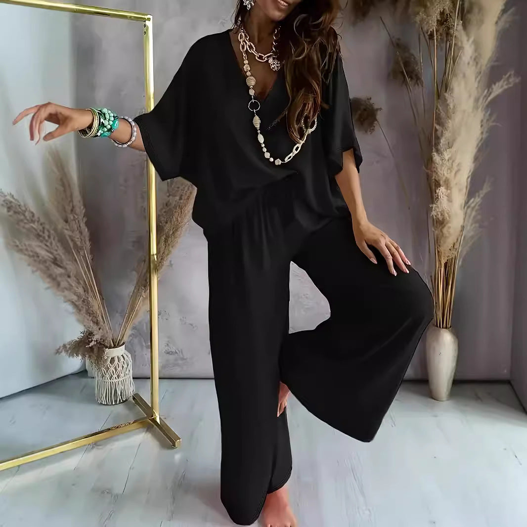 Women's Two-Piece Set – Breathable Fabric – Loose Fit – V-Neck Top – Wide-Leg Pants