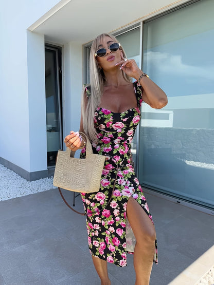 Women's midi dress – Fitted cut – Ruffled straps – Floral print – Side slit – Breathable fabric