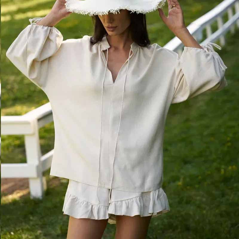 Women's Two-Piece Set – Breathable Fabric – Top V-Neck Puff Sleeves – Ruffled Shorts Elastic Waist