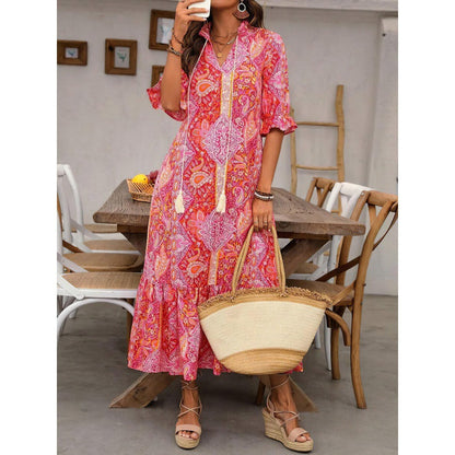 Women's midi dress – Relaxed fit – Ruffles – Bohemian print – Tie-neck