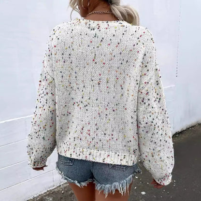 Pull Femme – Coupe Décontractée – Maille Douce – Finition Côtelée – Motif Moucheté