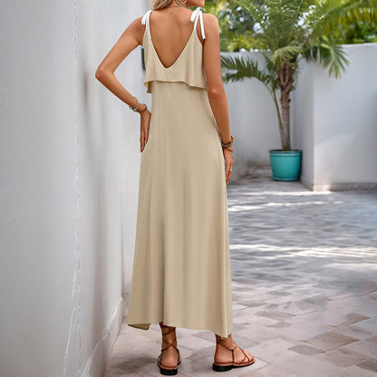 Robe Femme Longue – Coupe Fluide – Bretelles Réglables – Col Volant