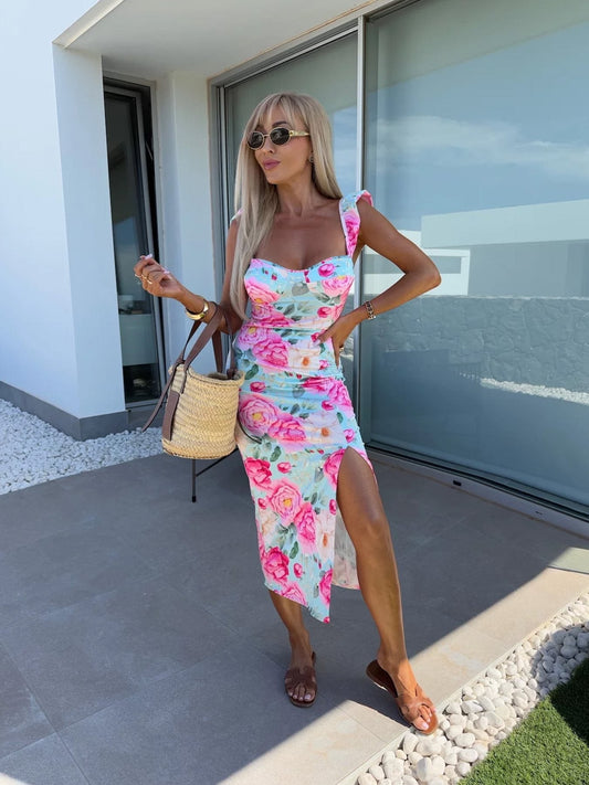Women's midi dress – Fitted cut – Ruffled straps – Floral print – Side slit – Breathable fabric