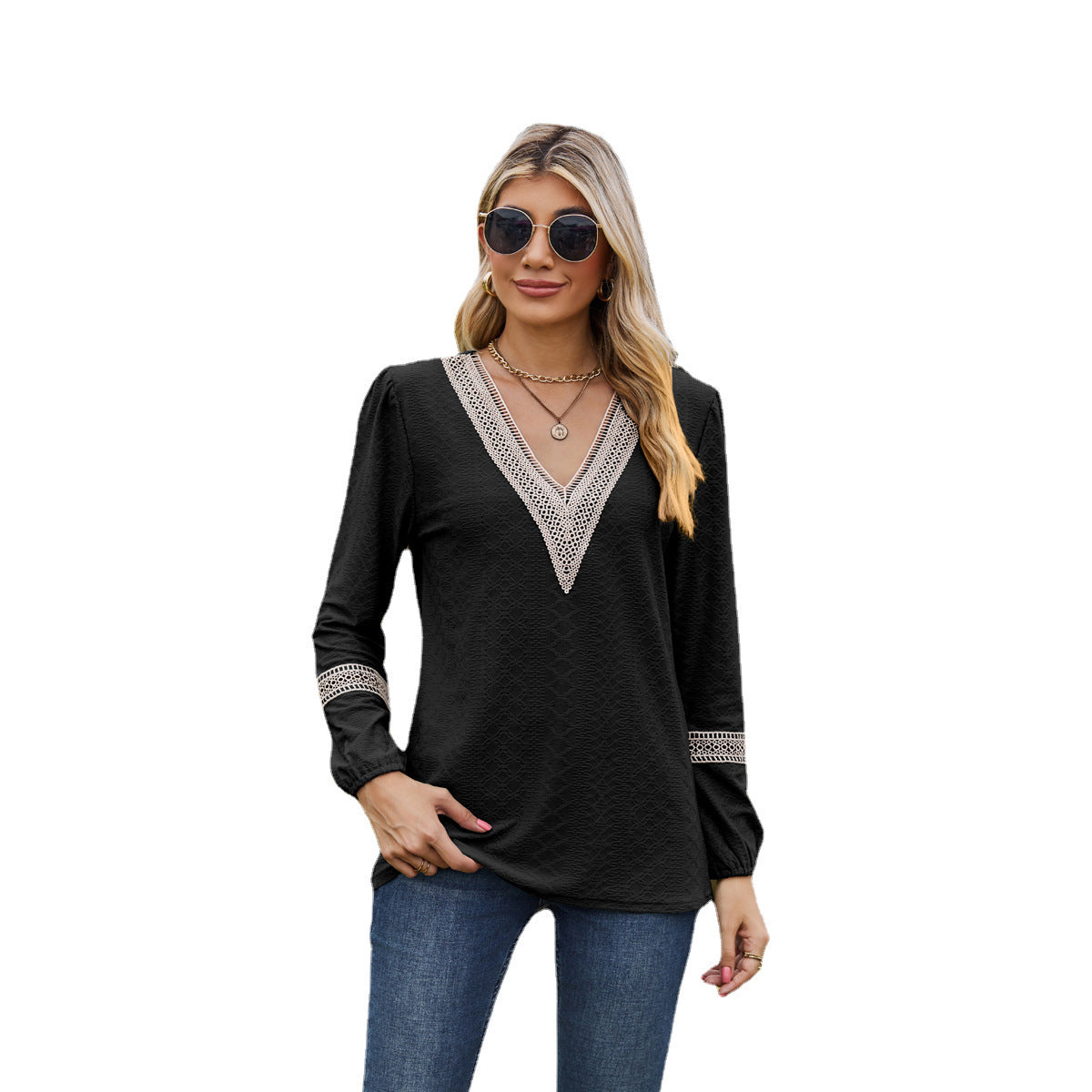 T-shirt women's long sleeves – Loose fit – V-neck lace – Soft breathable fabric