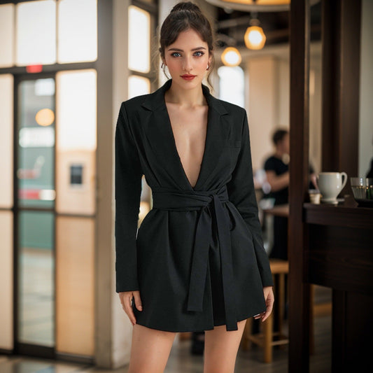 Veste femme – Coupe cintrée – Ceinture à nouer – Manches longues – Décolleté en V