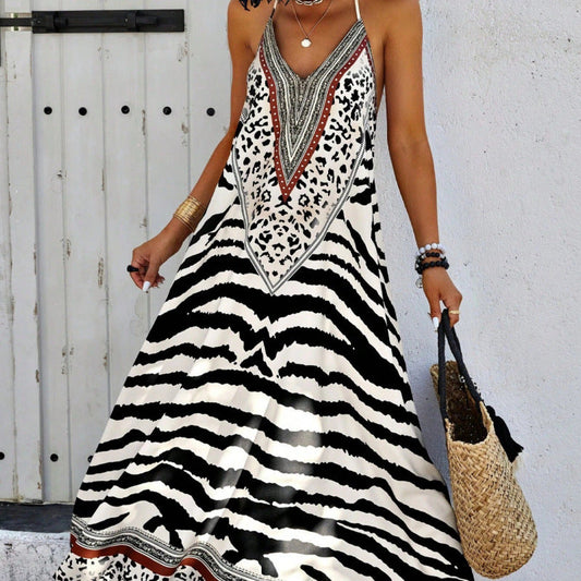 Women's long dress – Flared cut – Bold patterns – Thin straps