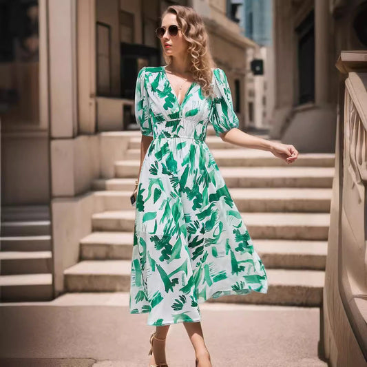 Women's midi dress – Fitted waist – V-neck – Puff sleeves – Breathable fabric – Printed