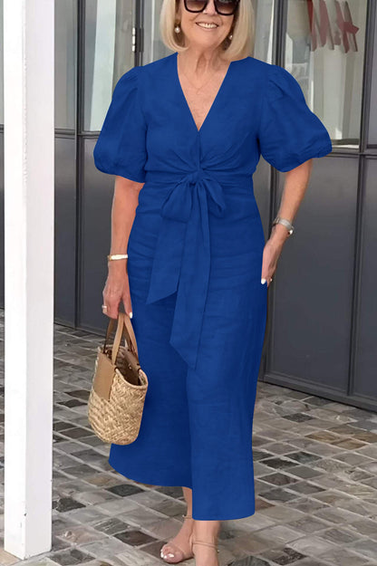 Women's Midi Dress – Natural Fibers – Puff Sleeves – Tied Waist – V-Neck