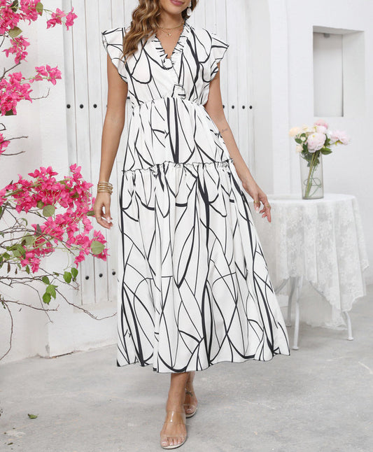 Women's long dress – Flowing cut – Sleeveless – V-neck – Graphic print