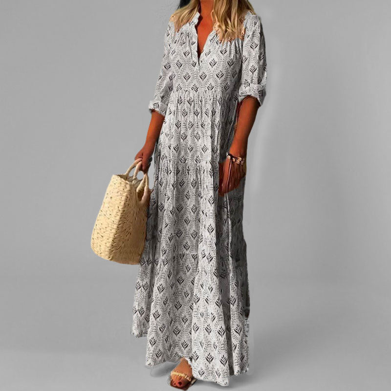 Robe longue femme – Coupe fluide – Tissu léger – Imprimé vintage – Col en V – Manches 3/4