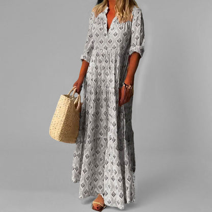 Robe longue femme – Coupe fluide – Tissu léger – Imprimé vintage – Col en V – Manches 3/4