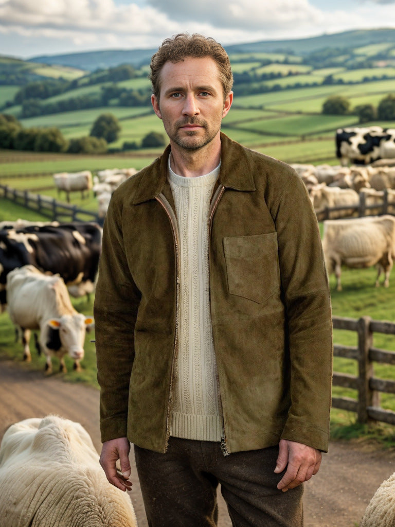 Veste homme – Coupe slim – Suédine – Col montant – Fermeture zippée – Style décontracté