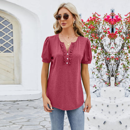 T-shirt women's short sleeves – Relaxed fit – V-neck – Buttons – Ruffled detail