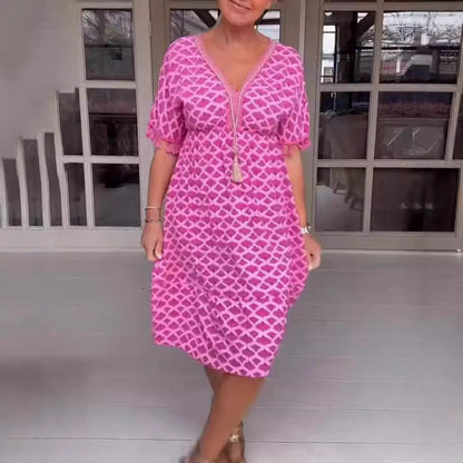 Women's midi dress – Relaxed fit – V-neck with ties – Fringed sleeves – Geometric print