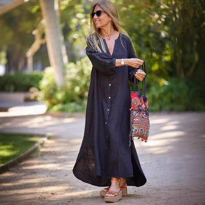 Women's long dress – Loose fit – Breathable fabric – Long sleeves – V-neck