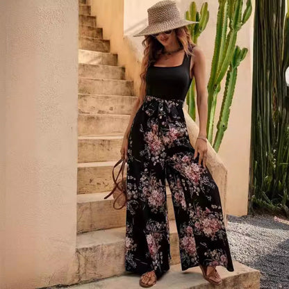 Women's jumpsuit – Floral – Loose fit – Sleeveless – Belted waist – Long