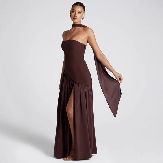 Robe de soirée femme – Sans bretelles – Corsage asymétrique – Jupe fendue fluide
