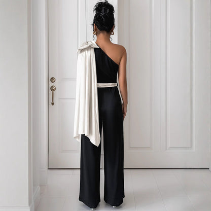 Women's jumpsuit – Fitted cut – Fluid satin – Off-the-shoulder with elegant bow