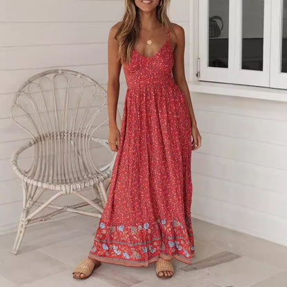 Robe longue femme – Coupe fluide – Imprimé fleuri – Bretelles fines – Style bohème